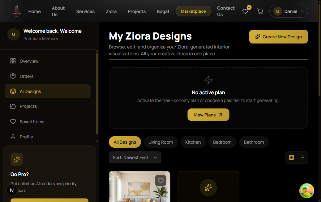 Dashboard Ziora Designs page showing the Create New Design button