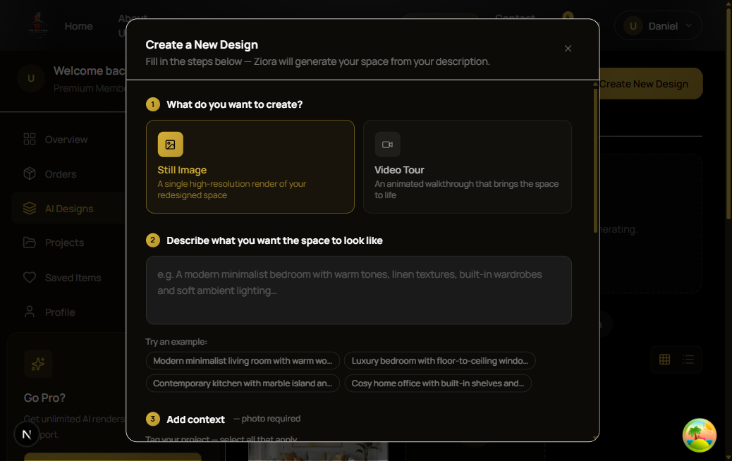 Choosing between Still Image and Video Tour, and describing the space in plain English