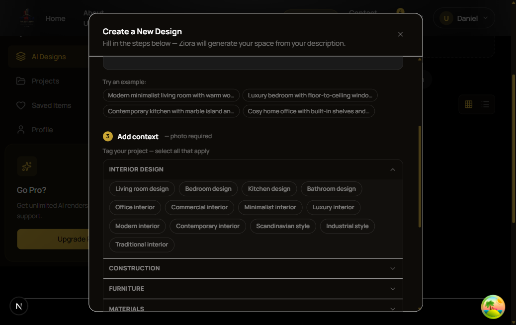 Ziora's project tag groups: Interior Design expanded, with Construction and Furniture as peer groups below